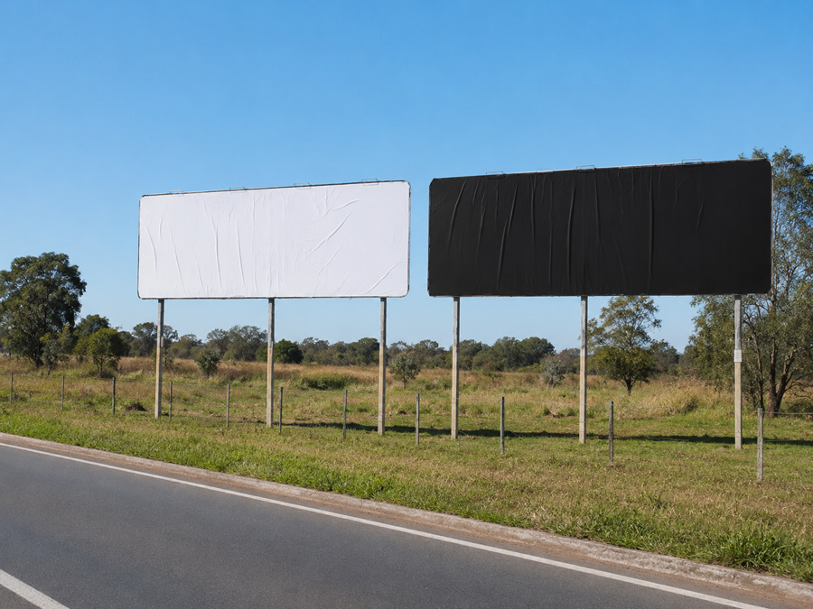 Dois outdoors sem anúncio posicionados na beira da pista