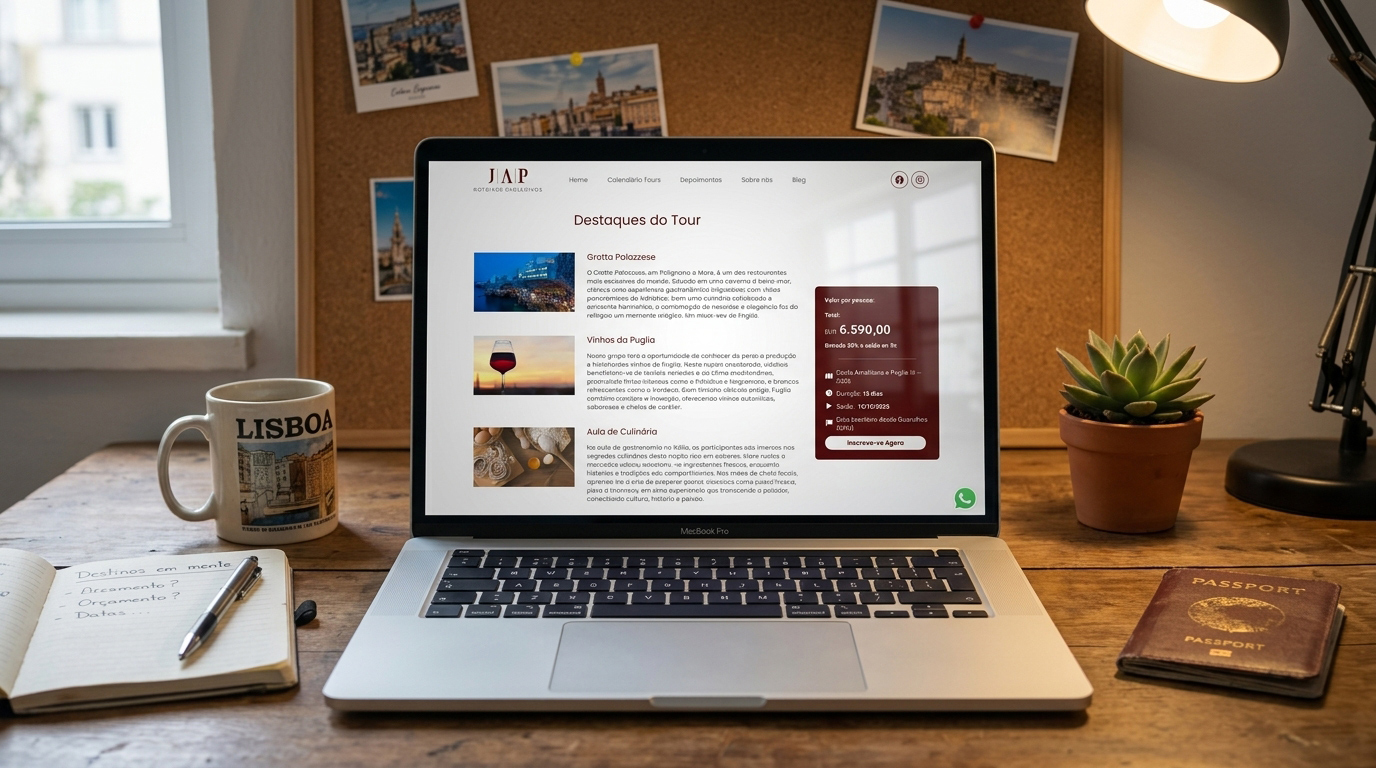Tela do site da JAP aberta em computador sobre mesa.