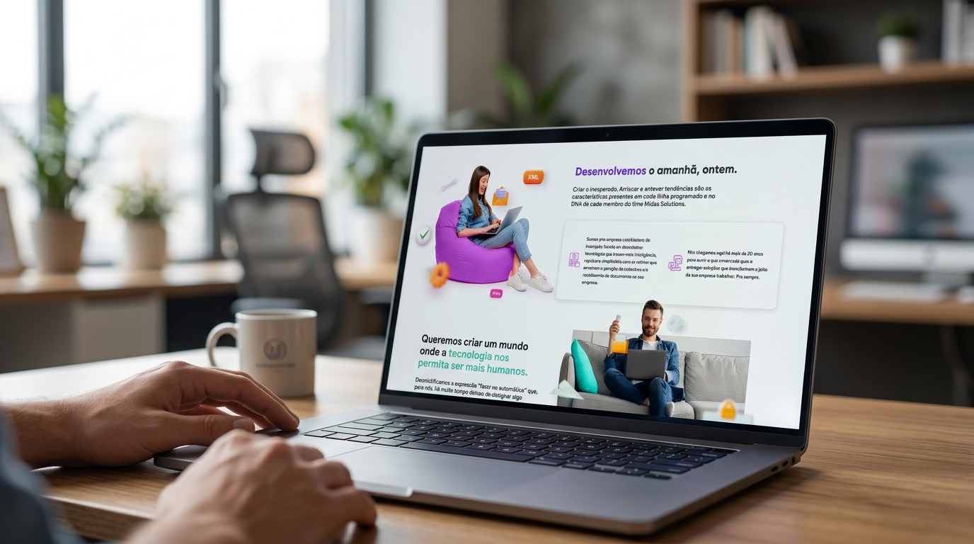 Site Midas Solutions aberto em tela de notebook.