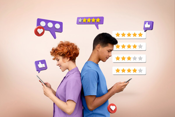 Duas pessoas avaliando sites com estrelas, corações e joias.