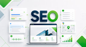 Sigla SEO rodeada por elementos que fazem parte da estratégia como os destaques do Google e maps.