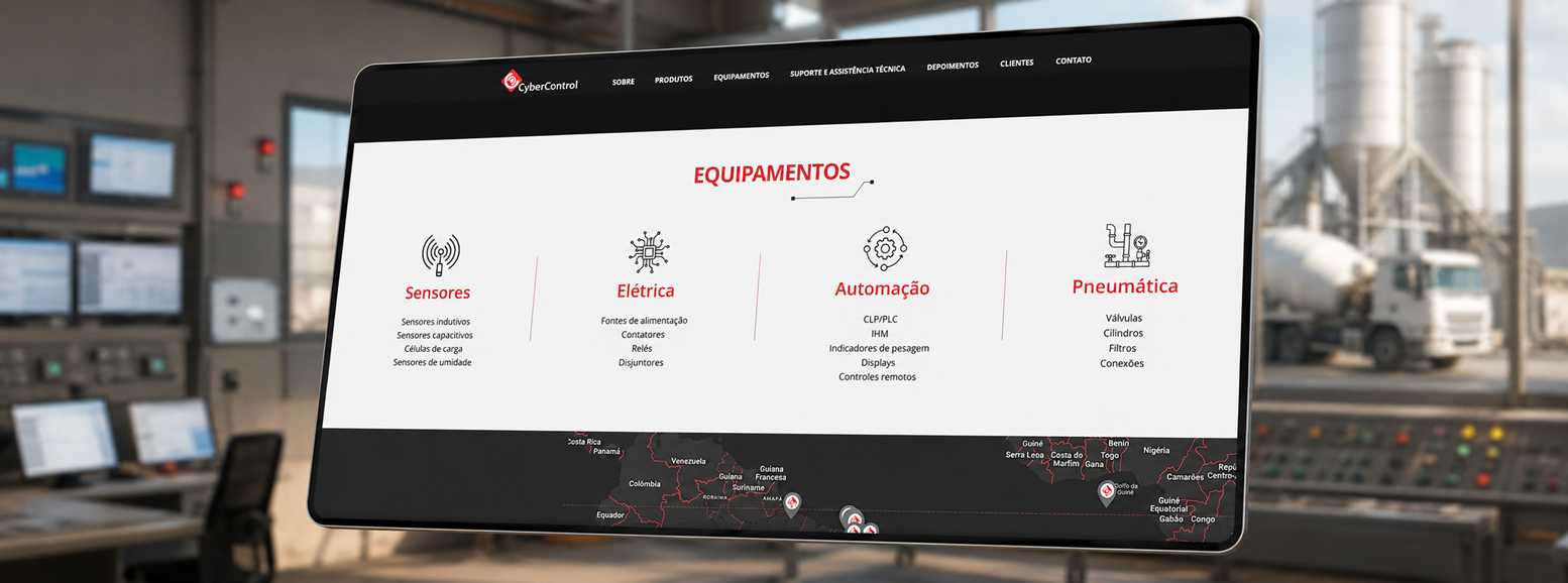 Tela do site onepage aberta, no fundo, uma central dosadora de concreto.