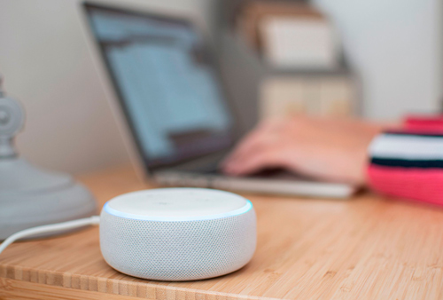 Dispositivo Alexa na cor branca em cima de mesa de madeira, pessoa utilizando notebook desfocada ao fundo.