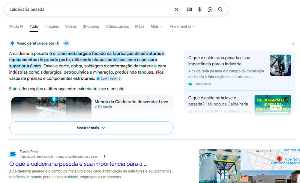 Print da Zanini Renk sendo mencionada nas visões gerais de IA, se consolidando em seu setor.