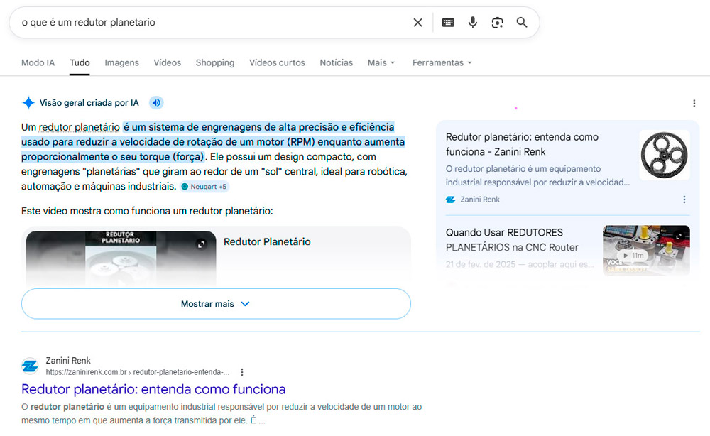 Post da Zanini Renk sendo utilizando como fonte da IA do Google para pesquisa.