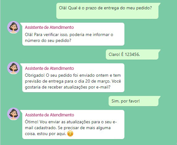 Conversa entre cliente e chatbot com IA, o cliente pergunta qual é o prazo de entrega do pedido e o chatbot dá a resposta.
