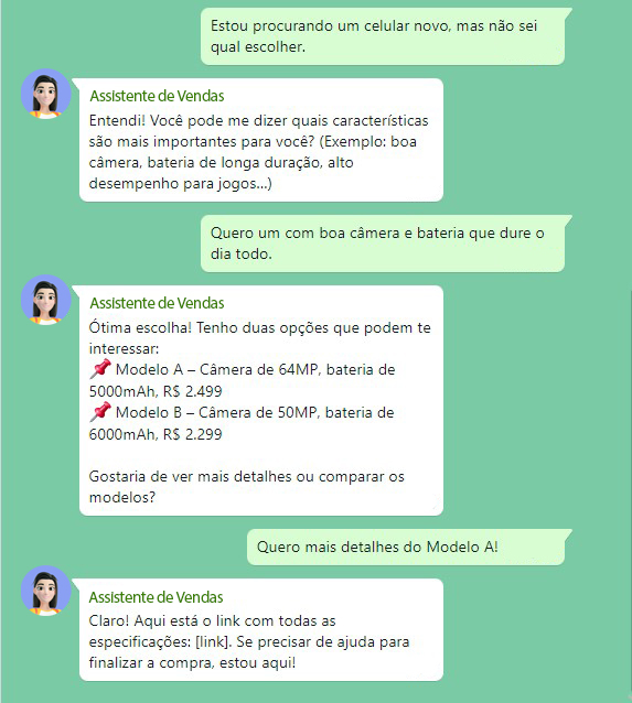 Conversa entre cliente e atendimento com IA na qual o cliente está em dúvida sobre um novo celular e o chatbot dá sugestões.