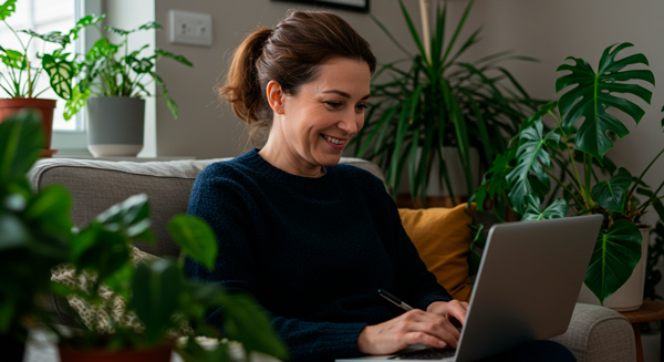 Mulher sentada em sofá entre plantas, escrevendo um artigo que respeita as diretrizes eeat Google.