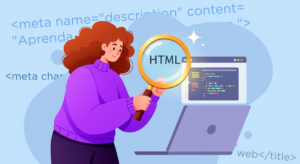 Menina olhando um código HTML com lupa, analisando as metatags.