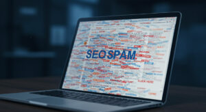 Tela de notebook com várias palavras embaralhadas e o termo SPAM DE SEO em destaque.