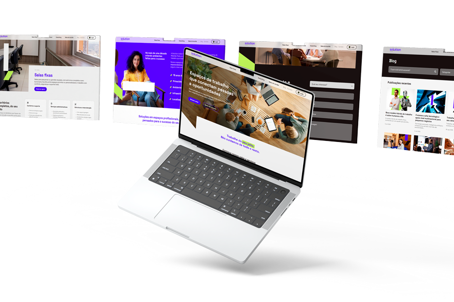 Imagens das páginas do novo site da Solution Indoor, totalmente desenvolvidas pela MO4.