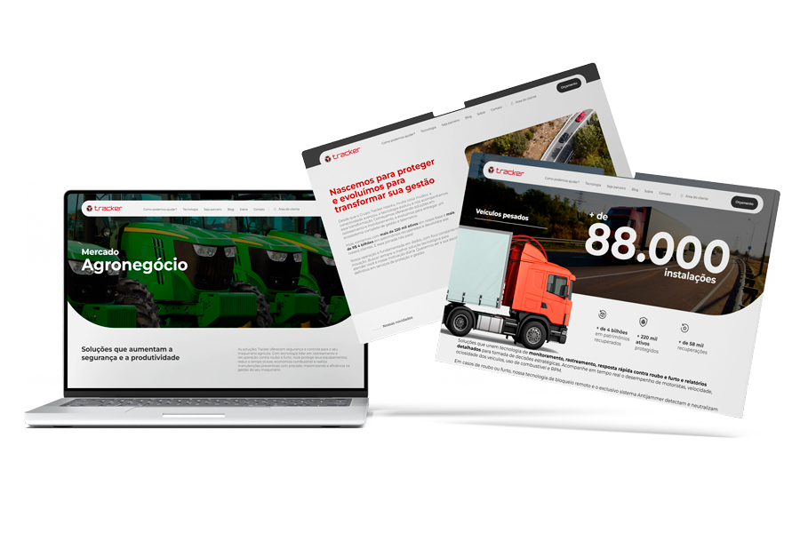 Mockups de diferentes telas do novo site do Grupo Tracker, mostrando criatividade no design feito pela MO4.