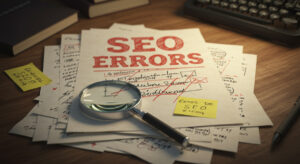 Folhas de papel em cima de uma mesa com título 'ERROS DE SEO' e uma lupa em cima.