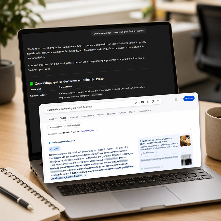Resultados do trabalho da agência de SEO MO4, com marca sendo mencionada no ChatGPT e IA do Google.