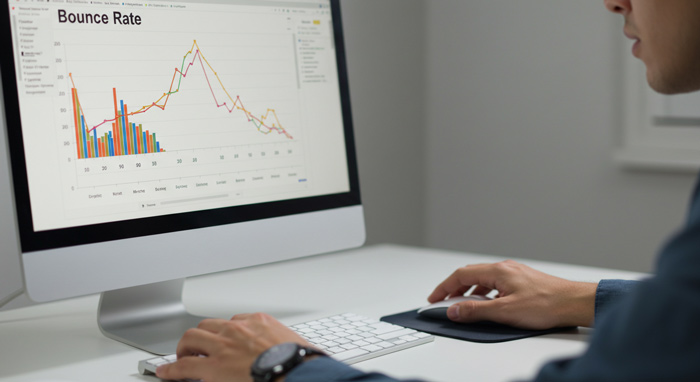 Profissional usando notebook para avaliar relatórios de taxa de rejeição em estratégias de SEO.