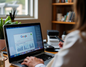 Pessoa analisando um dashboard de métricas digitais em um notebook, com gráficos de desempenho e relatórios de taxa de rejeição.