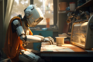 Robô humanoide sentado à mesa realizando uma tarefa cotidiana, metáfora visual da IA em conteúdo assumindo funções antes humanas na produção e no trabalho criativo.