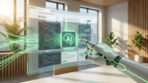 Smartphone exibindo código de programação em ambiente escuro simbolizando a arquitetura técnica do webMCP, integração via protocolos e comunicação estruturada entre sistemas e agentes.