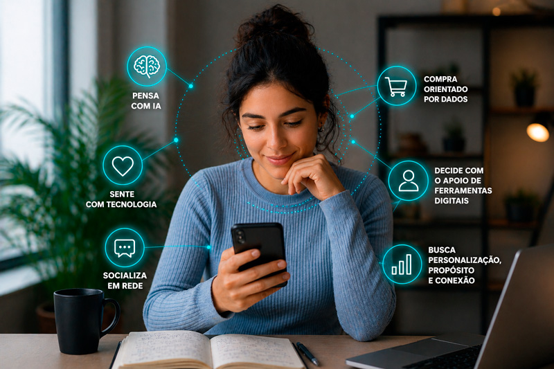 Mulher representando o conceito de humano aumentado, cercada por IA, dados, ferramentas digitais, apoiando sua navegação.