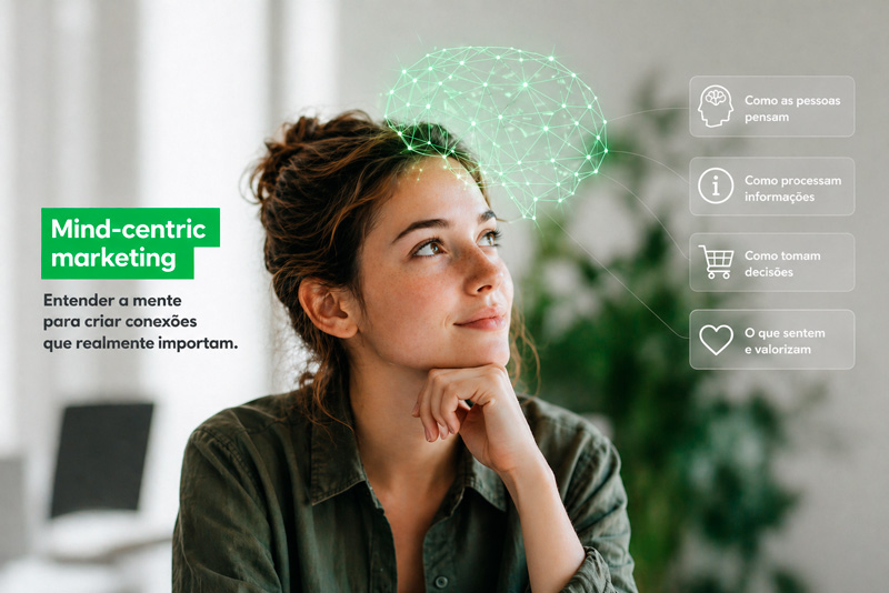 Mulher pensativa olhando para cima, representando conceito de mind-centric markerting