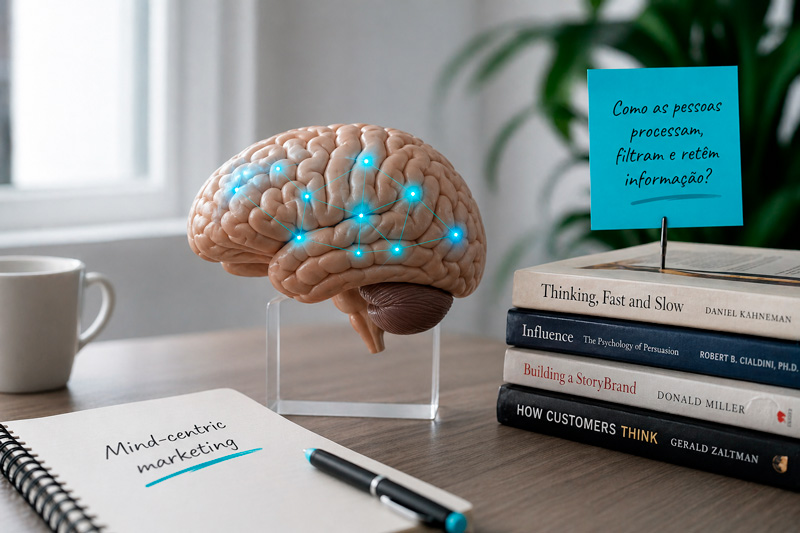 Cérebro com pontos marcados, em texto: como as pessoas processam, filtram e retém informação e o conceito de mind-centric marketing.