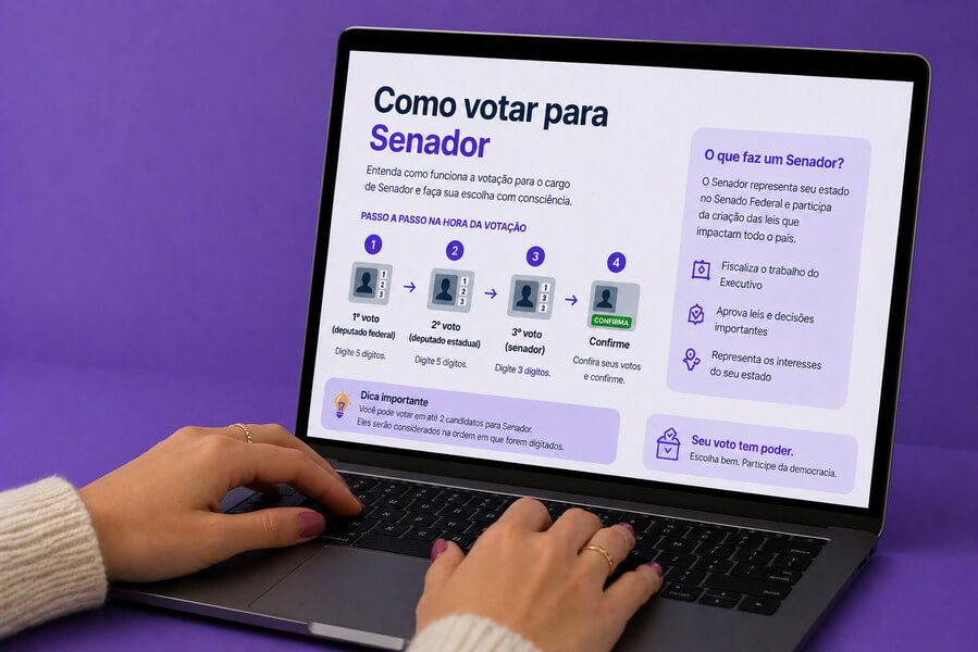 Conteúdo YMYL sobre eleições, na tela, usuária pesquisa sobre como votar para senador