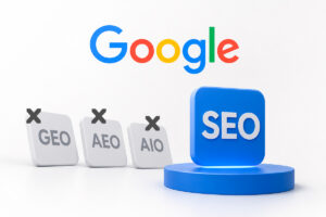 Logo do Google, e abaixo as siglas geo, aeo e aio com um X e a sigla SEO em um pódio.