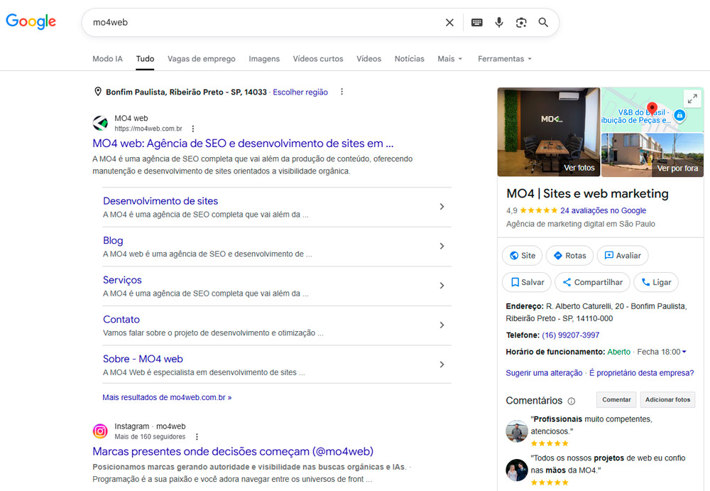 Exemplo de Knowledge Panel na SERP do Google com informações da MO4