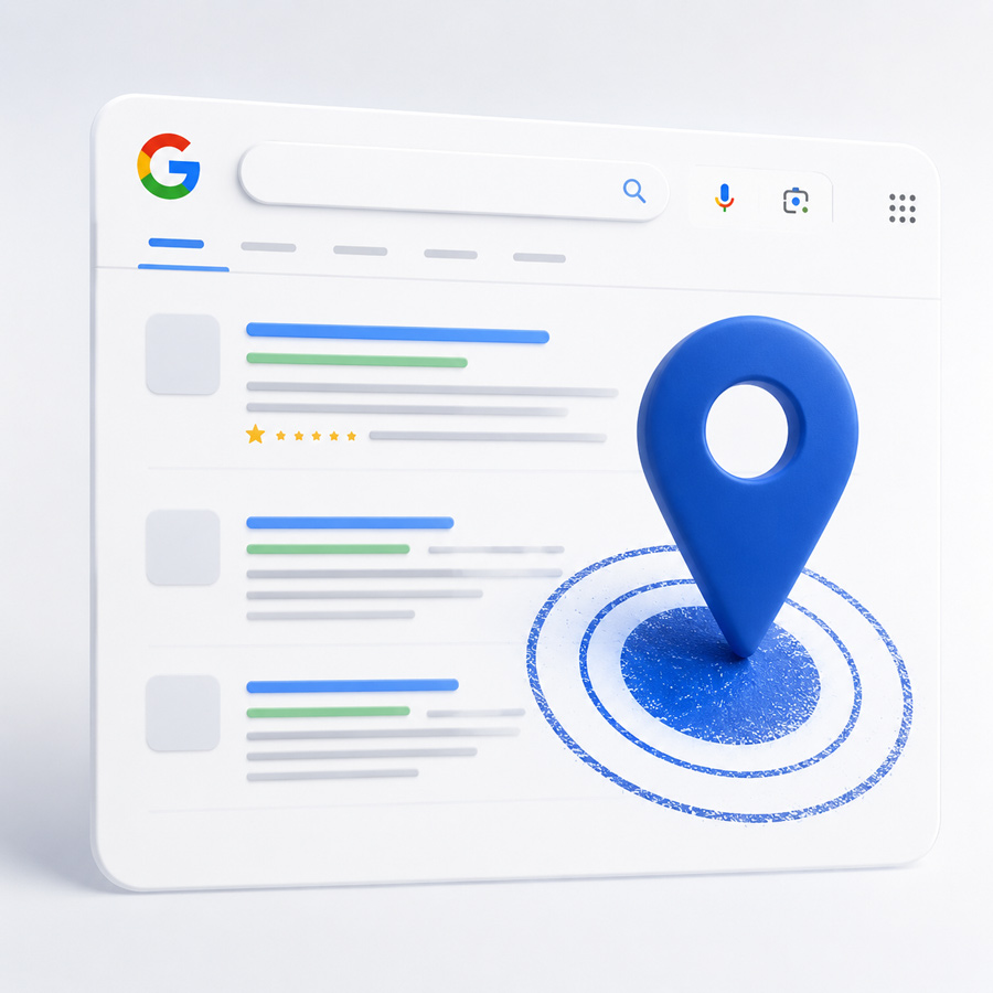 Imagem mostrando página de resultados Google e um pin, marcando presença de marca