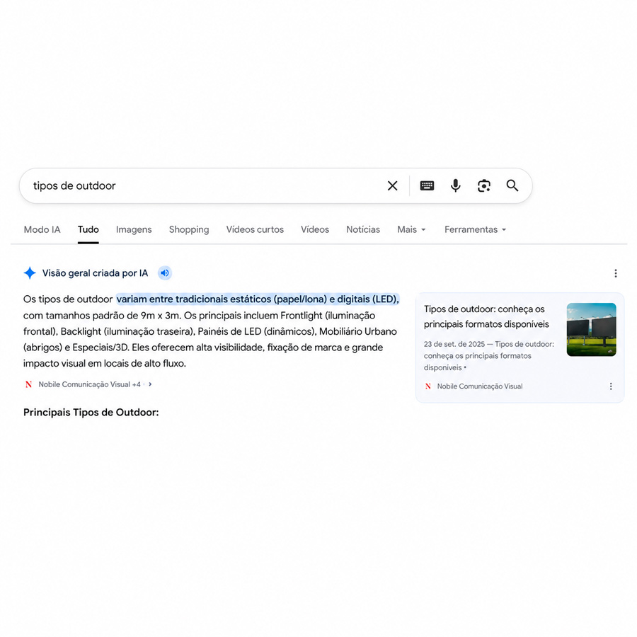 Print de resposta de IA mencionando Nobile. A pergunta: tipos de outdoor.