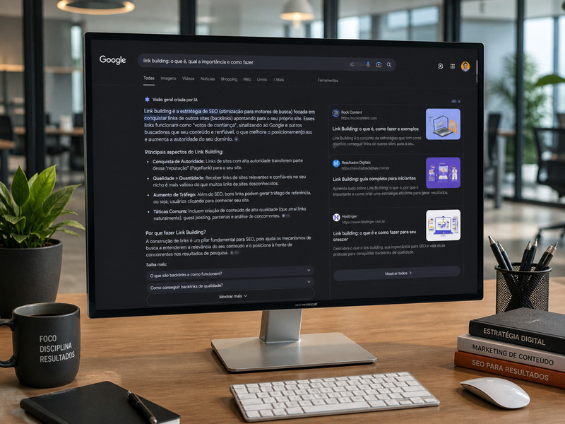 Resposta de IA Overview no monitor do notebook