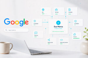 Logo do Google com buscador abaixo, ao lado, ícones representando o que o Google sabe sobre uma marca, como localização, autoridade, conteúdo e serviços.