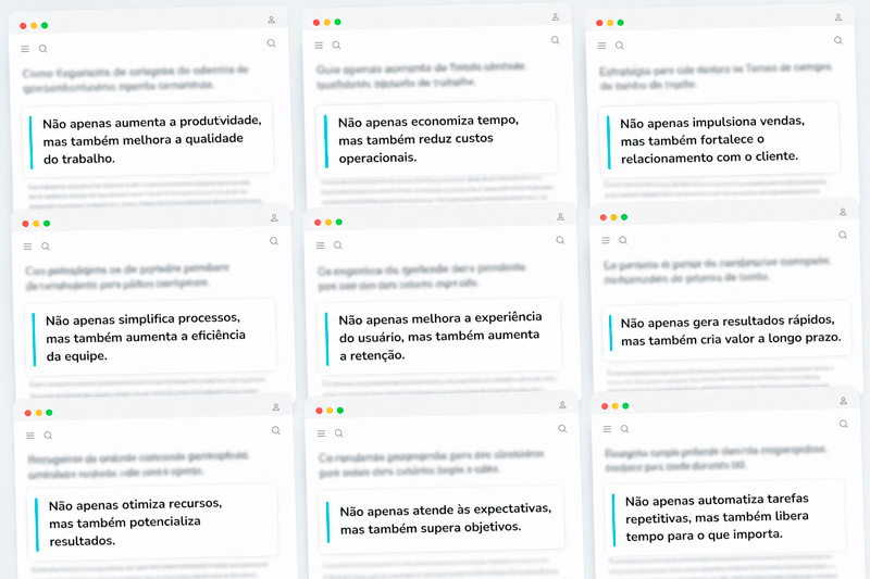 Vários sites com frases "não apenas... mas também" destacadas entre textos borrados.