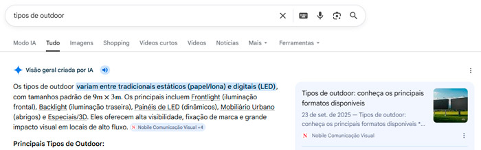 Print do site do Nobile sendo mencionado como fonte e referência nas respostas de visões gerais de IA do Google.