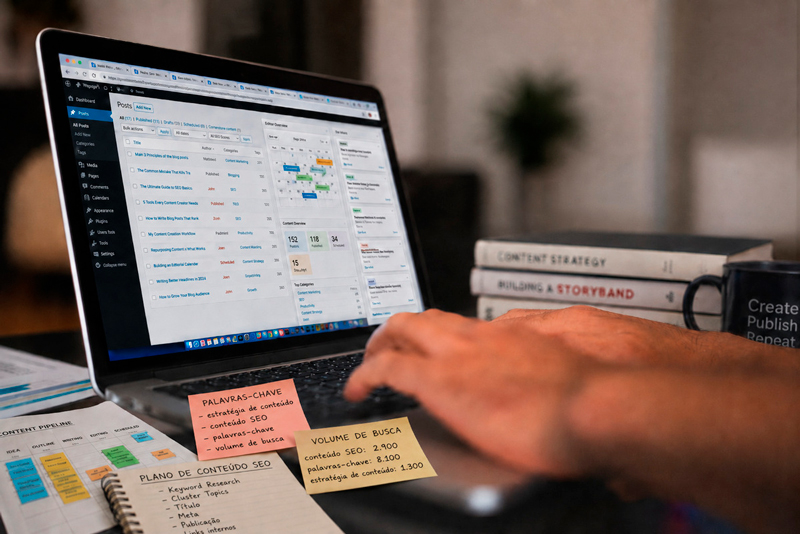 Pessoa organizando cronograma de conteúdos em notebook com anotações sobre volume de conteúdo e plano de SEO.