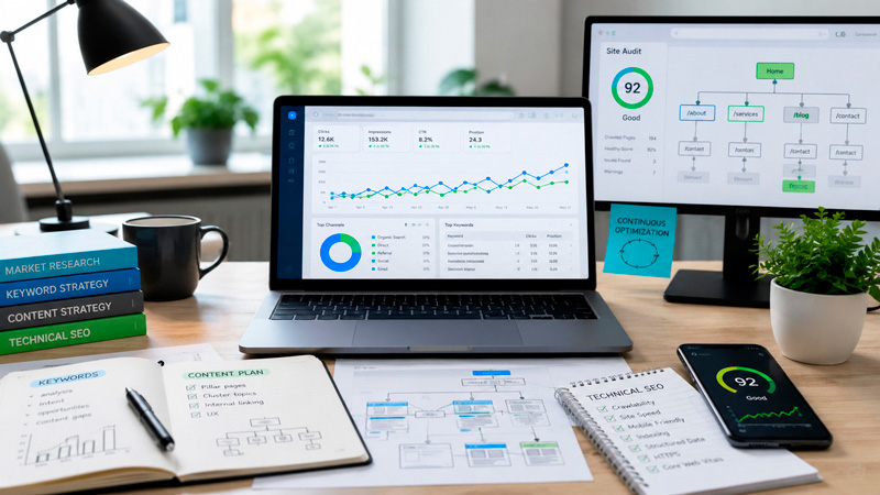 Mesa de escritório com computadores abertos em telas de análise de dados e auditoria de SEO.