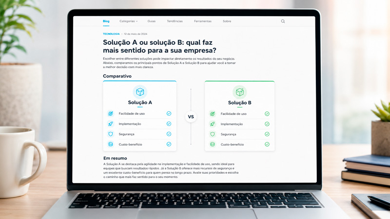 Laptop com artigo comparativo entre duas soluções abertos na tela.
