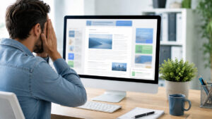 Banner blindness: homem tapando os olhos para não ter que ver banner intrusivo.