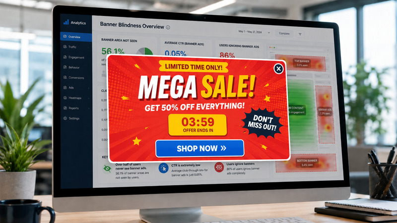  Tela de computador com um site aberto com uma grande pop-up vermelha, chamativa, com uma propaganda, típico conteúdo que, claramente, é uma propaganda que o usuário vai ignorar.