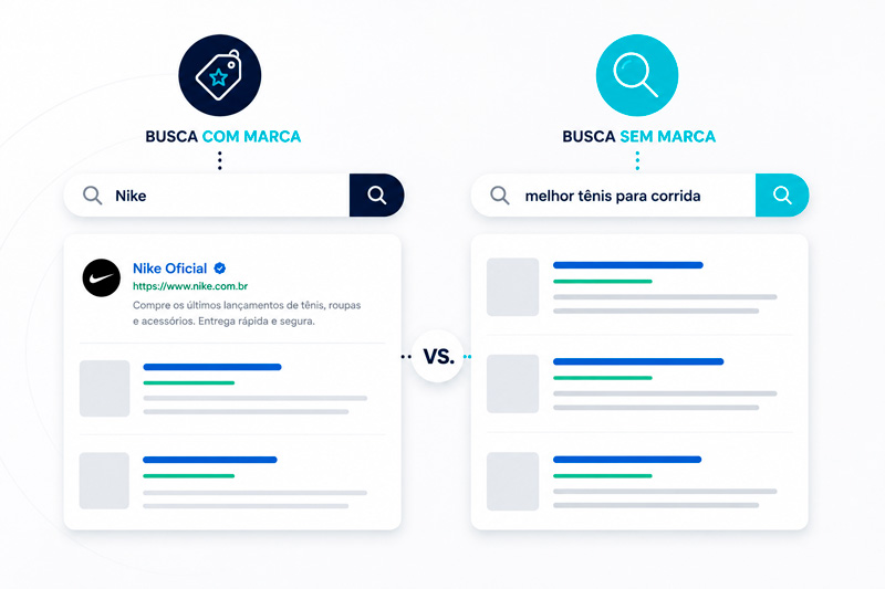 Exemplo de busca com marca, com pesquisa sobre Nike e exemplo sem marca, com pesquisa sobre melhor tênis para corrida.