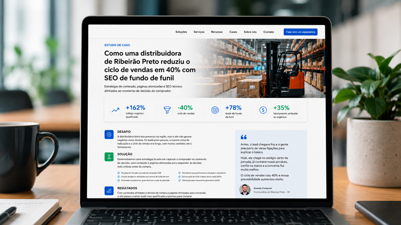 Notebok com estudo de caso aberto na tela, com vários dados e informações, depoimento, números e informações úteis para fundo de funil.