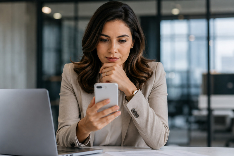 Gestora lendo conteúdo de fundo de funil no celular antes de reunião com o comercial