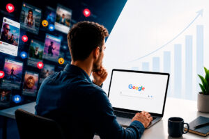 Pessoa fazendo busca em mecanismo e número atrás indicando que, por dia, são realizadas 13,7 bilhões de buscas no Google.