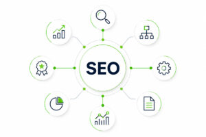SEO rodeada de vários ícones com atividades relacionadas as responsabilidades de uma agência de SEO.