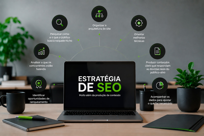 Notebook aberto. Em tela: estratégia de SEO. Ao redor, todas as funções mencionadas a respeito da função de uma agência de SEO, além da produção de conteúdo