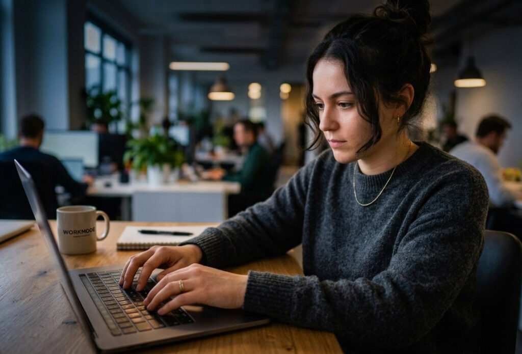 Redatora trabalhando nas otimizações de texto para um site com SEO.