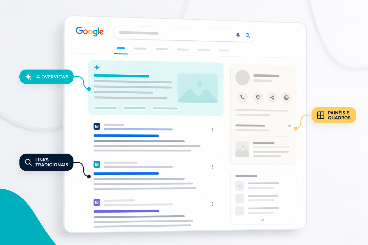 Simulação da página de resultados do Google atual, com ia overviews, links tradicionais, painéis e quadros.