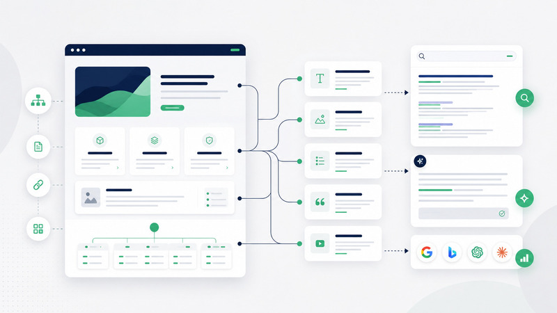 Diagrama horizontal que mostra como a arquitetura de um site organiza páginas, blocos de conteúdo e links internos para aumentar a visibilidade em mecanismos de busca e respostas de IA
