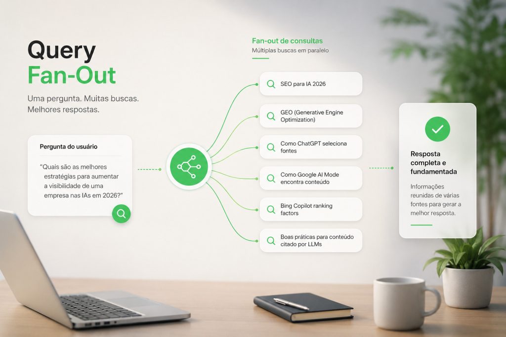 Ilustração de query fan-out com pergunta do usuário se desdobrando em várias subconsultas para formar uma resposta com IA.