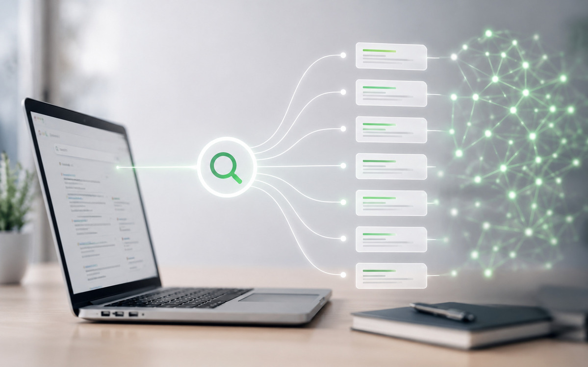 Ilustração de query fan-out com notebook exibindo busca e ramificações de consultas conectadas a uma rede de informações.